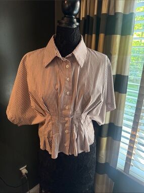 Striped Button-Front Short Sleeve Top in White and Brown
